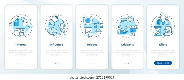 Modelo de priorización de las partes interesadas pantalla azul del App móvil de incorporación. Instrucciones gráficas editables de 5 pasos con conceptos lineales. UI, UX, GUI