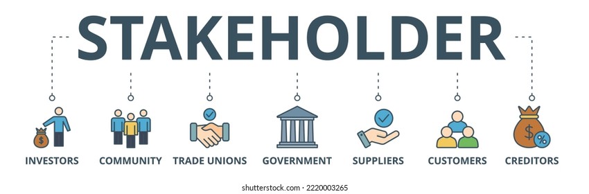 Stakeholder relationship banner web icon vector illustration concept for stakeholder, investor, government, and creditors with icon of community, trade unions, suppliers, and customers