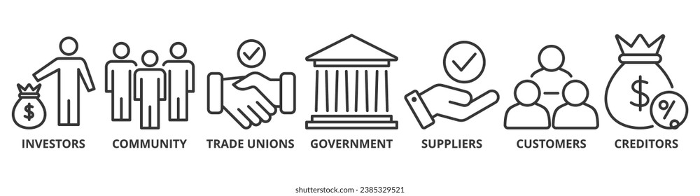 Bandera de la relación de los interesados, concepto de ilustración vectorial de ícono web para los accionistas, inversionistas, gobiernos y acreedores con un ícono de comunidad, sindicatos, proveedores y clientes.