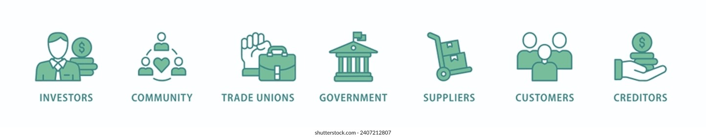 Stakeholder relationship banner web icon vector illustration concept for stakeholder, investor, government, and creditors with icon of community, trade unions, suppliers, and customers