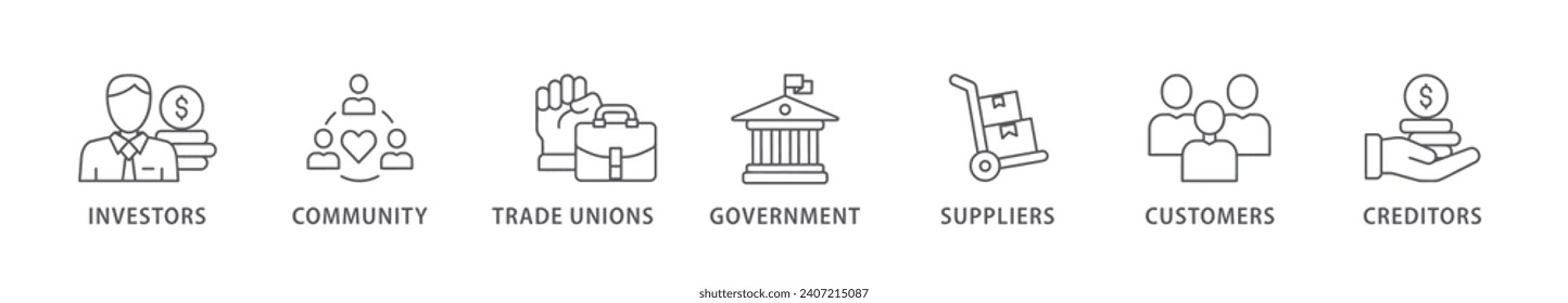 Stakeholder relationship banner web icon vector illustration concept for stakeholder, investor, government, and creditors with icon of community, trade unions, suppliers, and customers