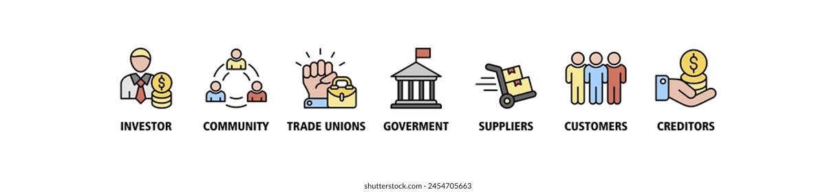 Stakeholder relationship banner web icon set vector illustration concept for stakeholder, investor, government, and creditors with icon of community, trade unions, suppliers, and customers