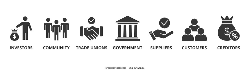 Relacionamento com as partes interessadas banner web icon vetor illustration concept for stakeholders, investors, government, and creditors with icon of community, trade union, providers, and customers (Conceito de ilustração vetorial da bandeira da Web para partes interessadas, investidores, governo e credores com o ícone da comunidade, sindicatos, fornecedores e clientes)