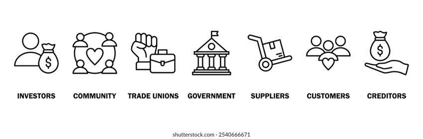 Concepto de Ilustración vectorial de ícono de Web de Anuncio de relación de partes interesadas para partes interesadas, inversores, gobiernos y acreedores con ícono de comunidad, sindicatos, proveedores y Clientes