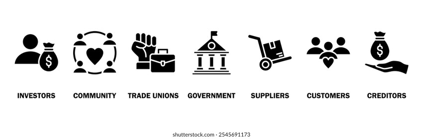 Stakeholder relationship banner web icon vector illustration concept for stakeholder, investor, government, and creditors with icon of community, trade unions, suppliers, and customers