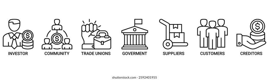 Stakeholder relationship banner web icon set vector illustration concept for stakeholder, investor, government, and creditors with icon of community, trade unions, suppliers and customers icon outline