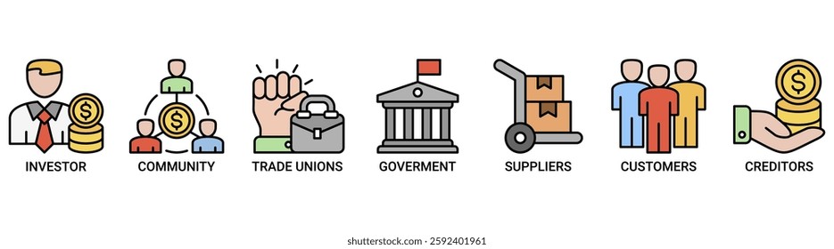 Stakeholder relationship banner web icon set vector illustration concept for stakeholder, investor, government, and creditors with icon of community, trade unions, suppliers, and customers icons color