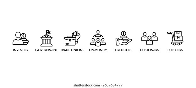 Stakeholder relationship banner web icon vector illustration concept for stakeholder, investor, government, and creditors with icon of community, trade unions, suppliers, and customers