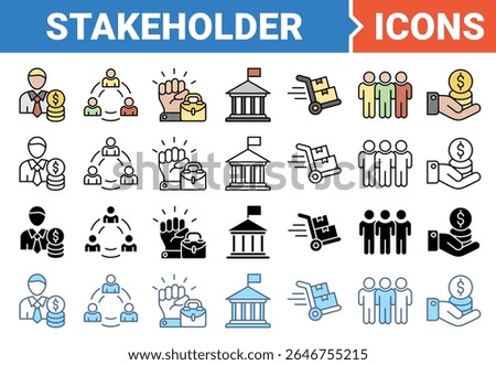 Stakeholder relationship icon set with multiple style collection.