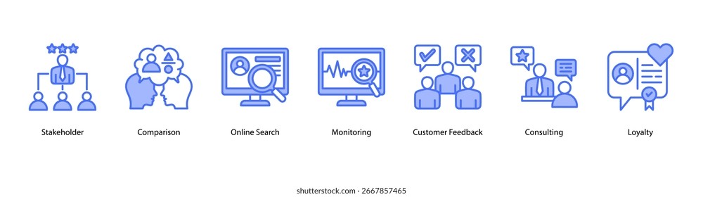 Ilustração do vetor do ícone de banner da Web do Stakeholder and Review Dynamics com análise, Stakeholder, comparação, pesquisa on-line, monitoramento, feedback do cliente e consultoria.