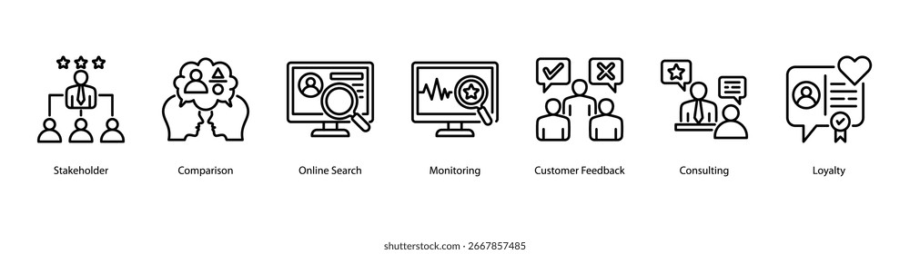 Ilustración vectorial de iconos de Anuncio de Web de Dynamics Stakeholder y Review con Review, Stakeholder, Comparison, Búsqueda en línea, Monitoreo, Comentarios de Clientes y Consultoría.