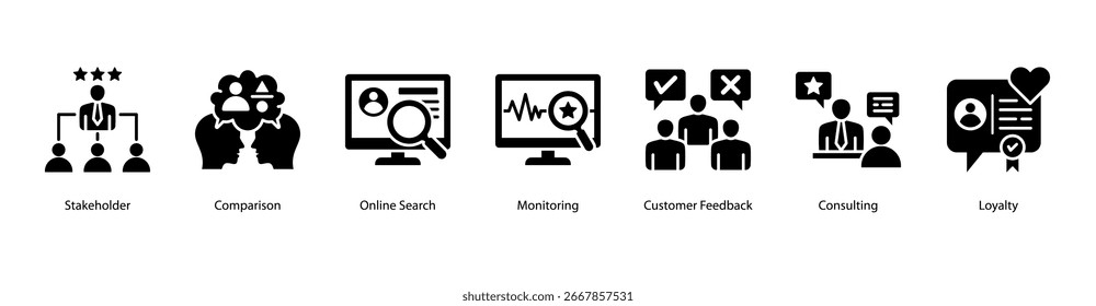 Vektorgrafik des Webbanners von Stakeholder und Review Dynamics mit den Themen Review, Stakeholder, Vergleich, Online-Suche, Überwachung, Kundenfeedback und Beratung.