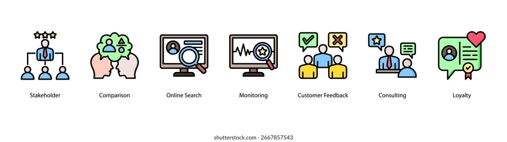 Ilustración vectorial de iconos de Anuncio de Web de Dynamics Stakeholder y Review con Review, Stakeholder, Comparison, Búsqueda en línea, Monitoreo, Comentarios de Clientes y Consultoría.