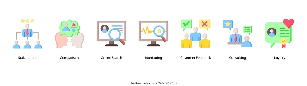 Stakeholder and Review Dynamics web banner icon vector illustration featuring Review, Stakeholder, Comparison, Online Search, Monitoring, Customer Feedback, and Consulting.