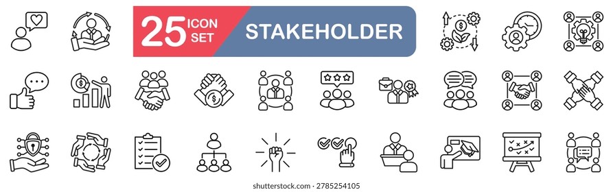 Stakeholder set of web icons in line style. vector illustration concept relate to influence, partner, investor, client, client, employee