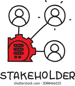 Stakeholder. Sketchy network from the circles with the man and the red gear on the left. Sketchy hand-drawn vector illustration.