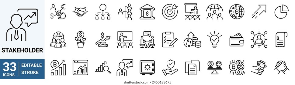 Stakeholder web line icons set. Stakeholder outline icons with editable stroke collection. Includes Project, Growth, Investor, Report, Presentation, and More