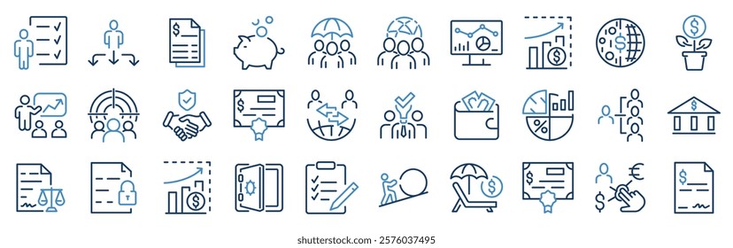 Stakeholder web line icons set. Stakeholder outline icons with editable stroke collection. Includes Project, Growth, Investor, Report, Presentation, and More