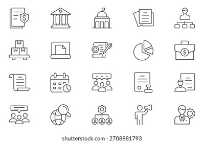 Stakeholder web line icons set. Stakeholder outline icons with editable stroke collection. Includes Project, Growth, Investor, Report, Presentation, and More