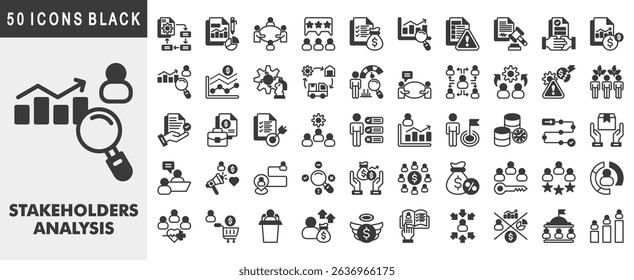 Stakeholders analysis icon set collection. Covers project plan, business report, meeting, customer feedback, budget, market research, risk assessment. Simple vector black illustration.