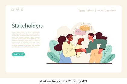 Stakeholders Engagement concept. Two individuals engage in dialogue, symbolizing collaborative decision-making and ethical consideration. Flat vector illustration.