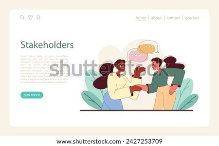 Stakeholders Engagement concept. Two individuals engage in dialogue, symbolizing collaborative decision-making and ethical consideration. Flat vector illustration.