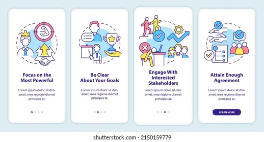 Stakeholders engagement onboarding mobile app screen. Walkthrough 4 steps graphic instructions pages with linear concepts. UI, UX, GUI template. Myriad Pro-Bold, Regular fonts used