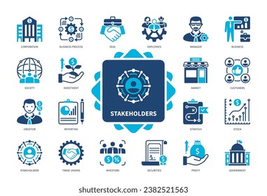 Stakeholders icon set. Government, Corporation, Customers, Trade Unions, Investor, Creditor, Society, Employees. Duotone color solid icons