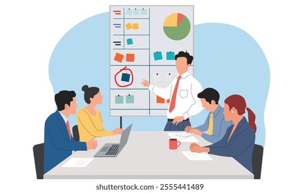 stakeholders meeting for wrong project, targetted project, and remaining project planning in business meeting. Business presentation by coach presenting charts, diagrams and reports before audience