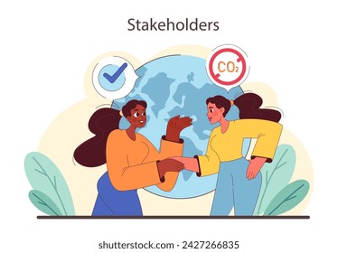 Stakeholders unite for climate health. Dynamic partnership reducing carbon footprint. A collaborative approach to global warming. Symbols of commitment and action. Flat vector illustration.