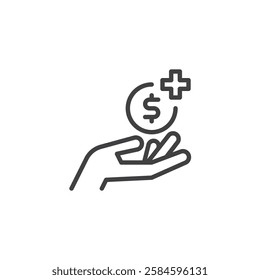 Staking crypto line icon. linear style sign for mobile concept and web design. Hand holding a dollar coin with a plus symbol outline vector icon. Symbol, logo illustration. Vector graphics