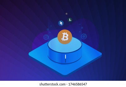 Staking Cryptocurrency, Passive Income Coins  Rewards Isometric Vector Illustration Concept. Receiving Periodic Stakeholders Rewards For POS Holding Funds (bitcoin, Ethereum, Litecoin And Monero)