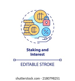 Staking and interest concept icon. Earn passive income. Way to make money on crypto abstract idea thin line illustration. Isolated outline drawing. Editable stroke. Arial, Myriad Pro-Bold fonts used