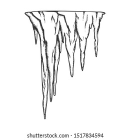 Stalactite Ancient Cave Element Vintage Vector. Decorative Underground Speleotherm Stalactite. Nature Mineral Engraving Template Hand Drawn In Retro Style Black And White Illustration