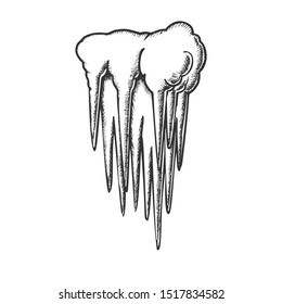 Stalactite Cave Ceiling Element Monochrome Vector. Amazing Mystery Aged Stalactite And Stalagmite. Tunnel Landscape Formation Engraving Mockup Hand Drawn In Vintage Style Black And White Illustration