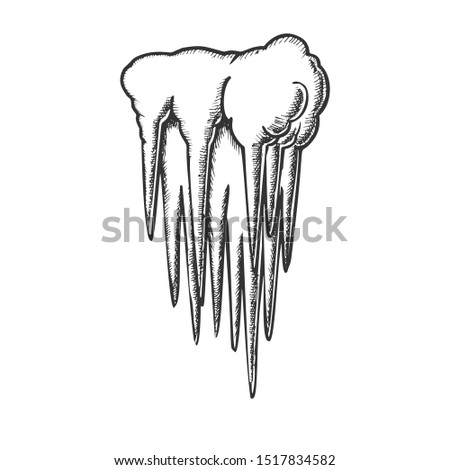 Stalactite Cave Ceiling Element Monochrome Vector. Amazing Mystery Aged Stalactite And Stalagmite. Tunnel Landscape Formation Engraving Mockup Hand Drawn In Vintage Style Black And White Illustration