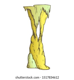 Stalactite Decorative Tunnel Element Color Vector. Standing Stalactite And Stalagmite. Natural Attraction And Historical Landmark Engraving Template Designed In Retro Style Illustration