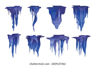 Stalactite icicle shaped hanging from caves ceilings mineral formations varieties cobalt blue realistic set isolated vector illustration