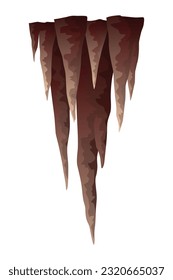 Stalactite. Icicle shaped hanging mineral formations in cave. Nature brown limestone, material stone icon. Natural growth geology formations