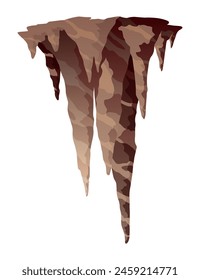 Stalactite. Icicle shaped hanging mineral formations in cave. Nature brown limestone, material stone icon. Natural growth geology formations