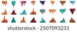 Stalactite icons set. Set of various cartoon stalactites and stalagmites in different shapes and colors