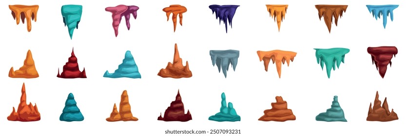 Stalactite icons set. Set of various cartoon stalactites and stalagmites in different shapes and colors