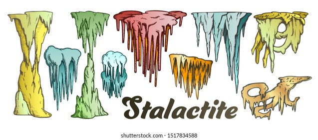 Stalactite And Stalagmite Color Set Vector. Collection In Different Form Cave Stalactite. Mineral Formations Engraving Template Hand Drawn In Vintage Style Illustrations