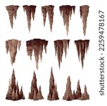 Stalactite stalagmite. Icicle shaped hanging and upward growing mineral formations in cave. Nature brown limestones, material stone icon. Natural growth geology formations