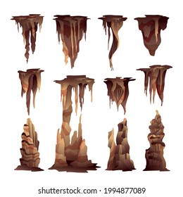 Stalactite stalagmite icicle shaped hanging and upward growing mineral formations in caves elements realistic set vector illustration