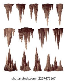 Stalactite stalagmite. Colgado en forma de cíclico y formaciones minerales de cultivo ascendente en cueva. Limonas marrones naturales, icono de piedra material. Formaciones de geología del crecimiento natural