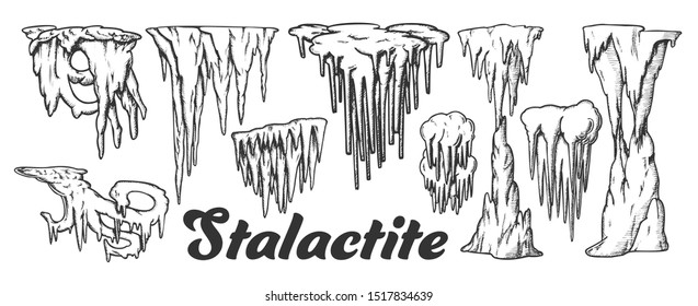 Stalactite And Stalagmite Monochrome Set Vector. Collection In Different Form Cave Stalactite. Mineral Formations Engraving Template Hand Drawn In Vintage Style Black And White Illustrations