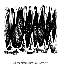 Stalactites and stalagmites. Underground cave grotto. Geology and caving. Vector sketch drawn by hand.