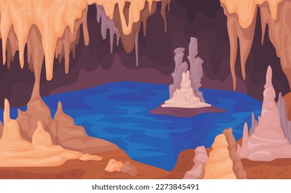 Stalagmite cave. Dark cavern inside cartoon background with stalagmites stalactites, natural limestone ceiling and floor underground scary caves game vector illustration of cave rock, cavern stone