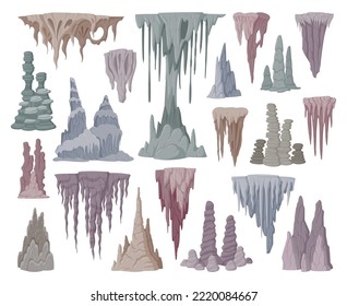 Stalagmite and stalactite limestone stones. Cartoon growth stalagmite formations, underground stalactite icicles flat vector illustration collection. Natural cave rocks set